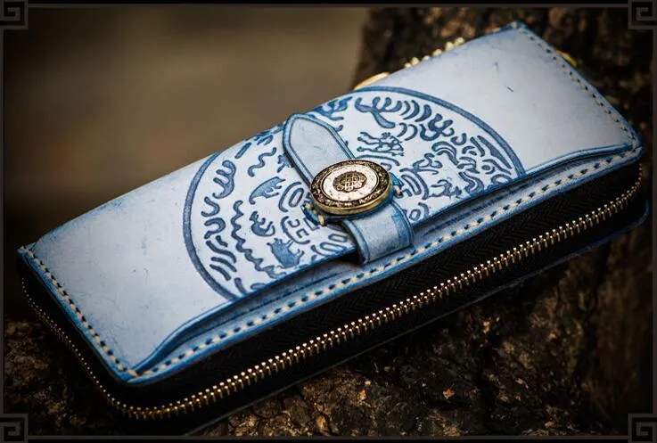 Handmade Leather Tooled Tibetan Mens Chain Biker Wallet Cool Leather Wallet Long Phone Wallets for Men
