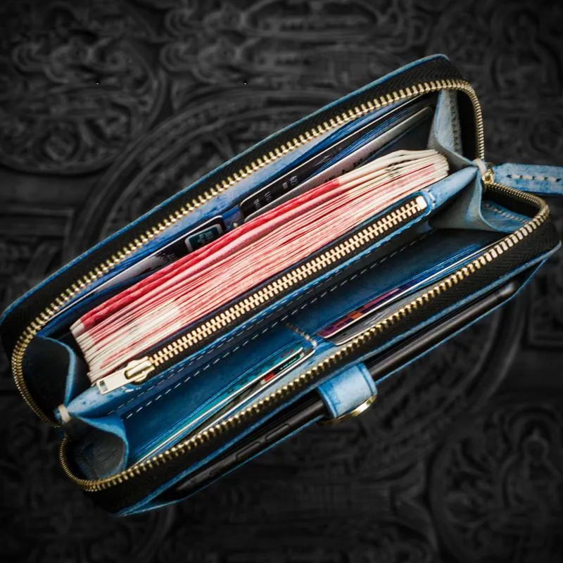 Handmade Leather Tooled Tibetan Mens Chain Biker Wallet Cool Leather Wallet Long Phone Wallets for Men