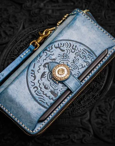 Handmade Leather Tooled Tibetan Mens Chain Biker Wallet Cool Leather Wallet Long Phone Wallets for Men