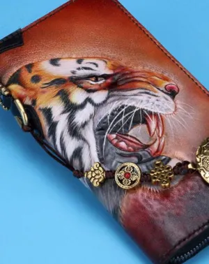 Handmade Leather Tooled Tiger Mens Chain Biker Wallet Cool Leather Wallet Long Clutch Wallets for Men