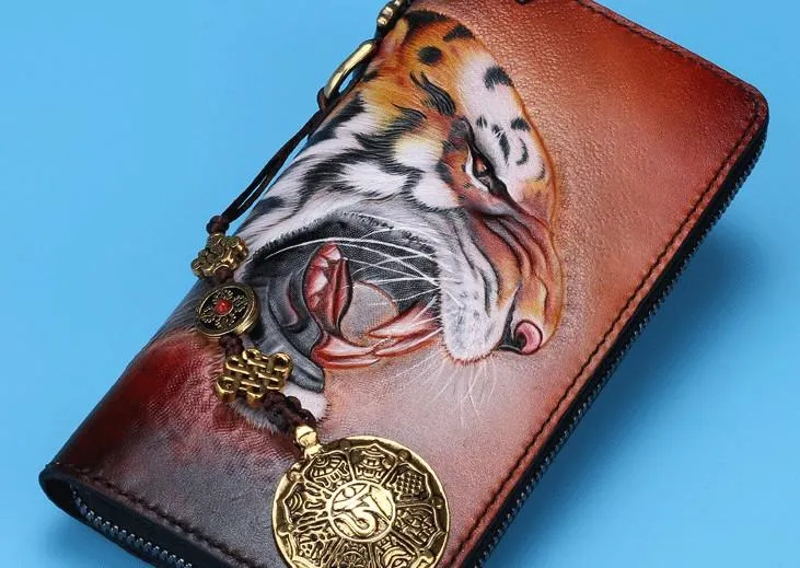 Handmade Leather Tooled Tiger Mens Chain Biker Wallet Cool Leather Wallet Long Clutch Wallets for Men