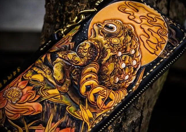 Handmade Leather Tooled Toad Chain Wallet Mens Biker Wallet Cool Leather Wallet Long Phone Wallets for Men