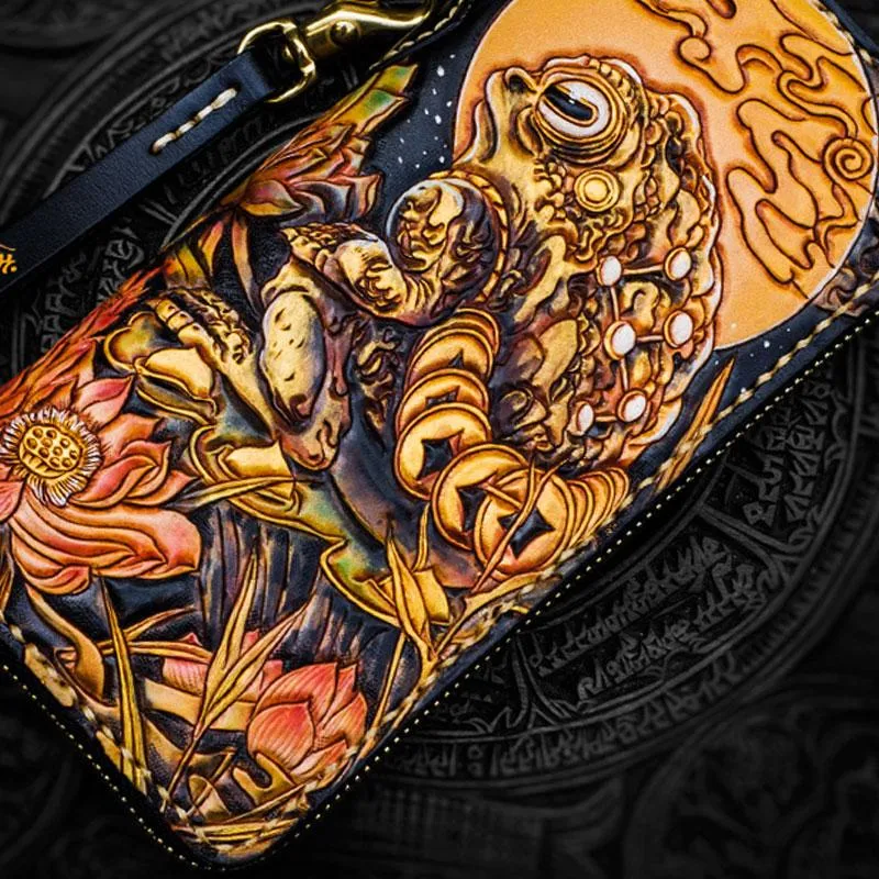 Handmade Leather Tooled Toad Chain Wallet Mens Biker Wallet Cool Leather Wallet Long Phone Wallets for Men