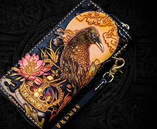 Handmade Leather Tooled Toad Chain Wallet Mens Biker Wallet Cool Leather Wallet Long Phone Wallets for Men