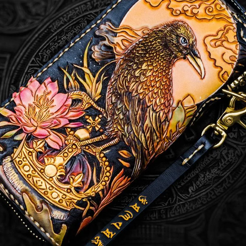 Handmade Leather Tooled Toad Chain Wallet Mens Biker Wallet Cool Leather Wallet Long Phone Wallets for Men