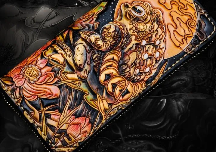 Handmade Leather Tooled Toad Chain Wallet Mens Biker Wallet Cool Leather Wallet Long Phone Wallets for Men