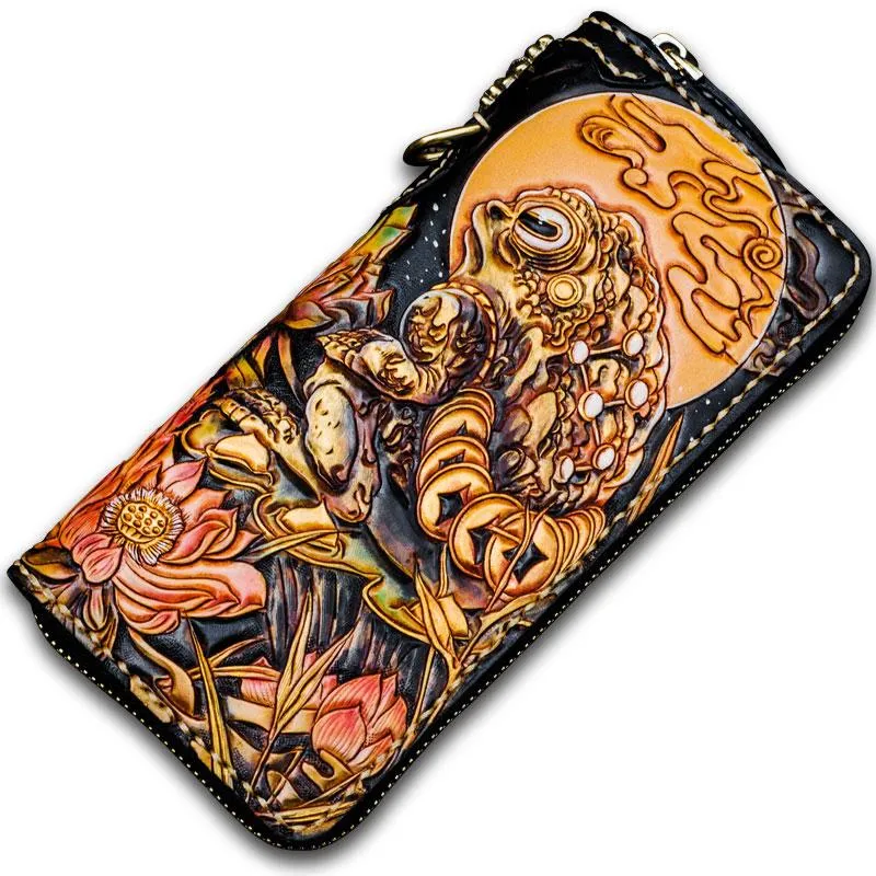 Handmade Leather Tooled Toad Chain Wallet Mens Biker Wallet Cool Leather Wallet Long Phone Wallets for Men