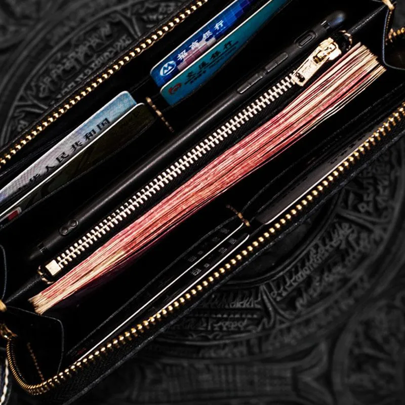 Handmade Leather Tooled Toad Chain Wallet Mens Biker Wallet Cool Leather Wallet Long Phone Wallets for Men