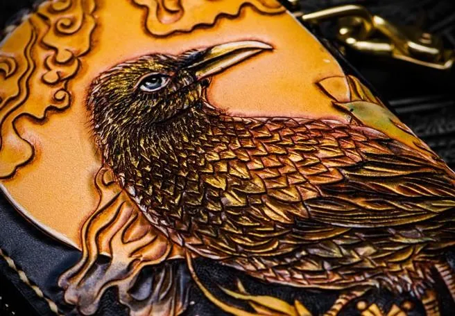 Handmade Leather Tooled Toad Chain Wallet Mens Biker Wallet Cool Leather Wallet Long Phone Wallets for Men
