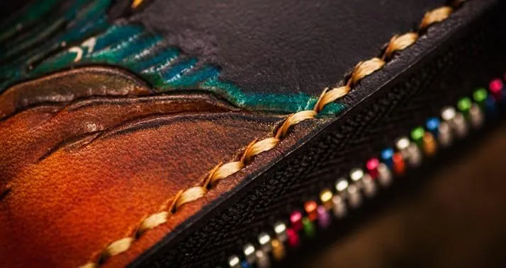 Handmade Leather Tooled Yellow Jambhala Mens Chain Biker Wallet Cool Leather Wallet Zipper Long Wallet for Men