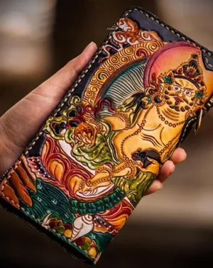Handmade Leather Tooled Yellow Jambhala Mens Chain Biker Wallet Cool Leather Wallet Zipper Long Wallet for Men