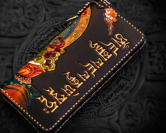 Handmade Leather Tooled Yellow Jambhala Mens Chain Biker Wallet Cool Leather Wallet Zipper Long Wallet for Men