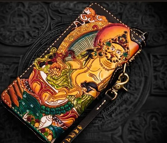 Handmade Leather Tooled Yellow Jambhala Mens Chain Biker Wallet Cool Leather Wallet Zipper Long Wallet for Men