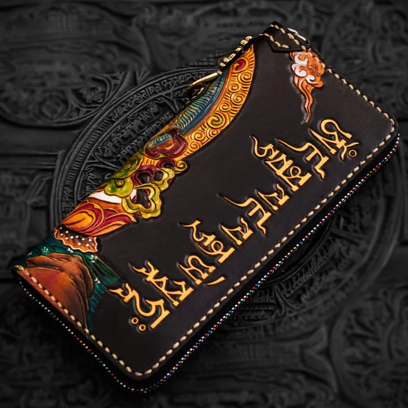 Handmade Leather Tooled Yellow Jambhala Mens Chain Biker Wallet Cool Leather Wallet Zipper Long Wallet for Men