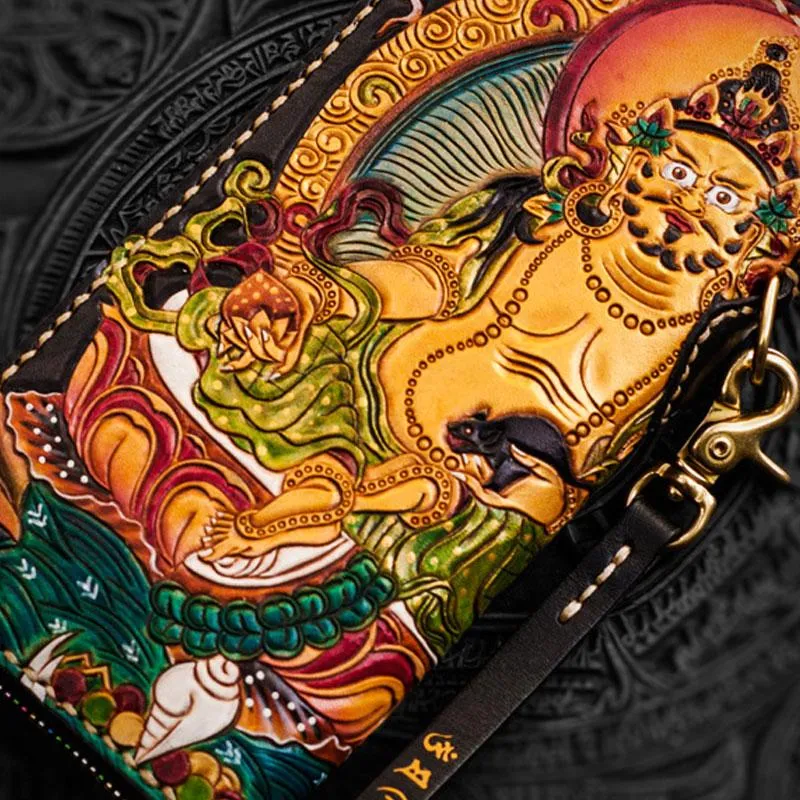 Handmade Leather Tooled Yellow Jambhala Mens Chain Biker Wallet Cool Leather Wallet Zipper Long Wallet for Men