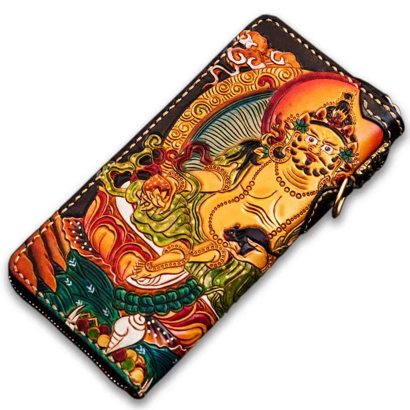 Handmade Leather Tooled Yellow Jambhala Mens Chain Biker Wallet Cool Leather Wallet Zipper Long Wallet for Men