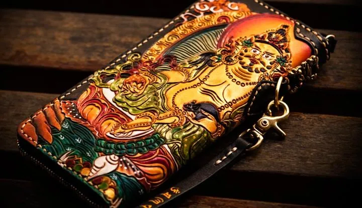 Handmade Leather Tooled Yellow Jambhala Mens Chain Biker Wallet Cool Leather Wallet Zipper Long Wallet for Men