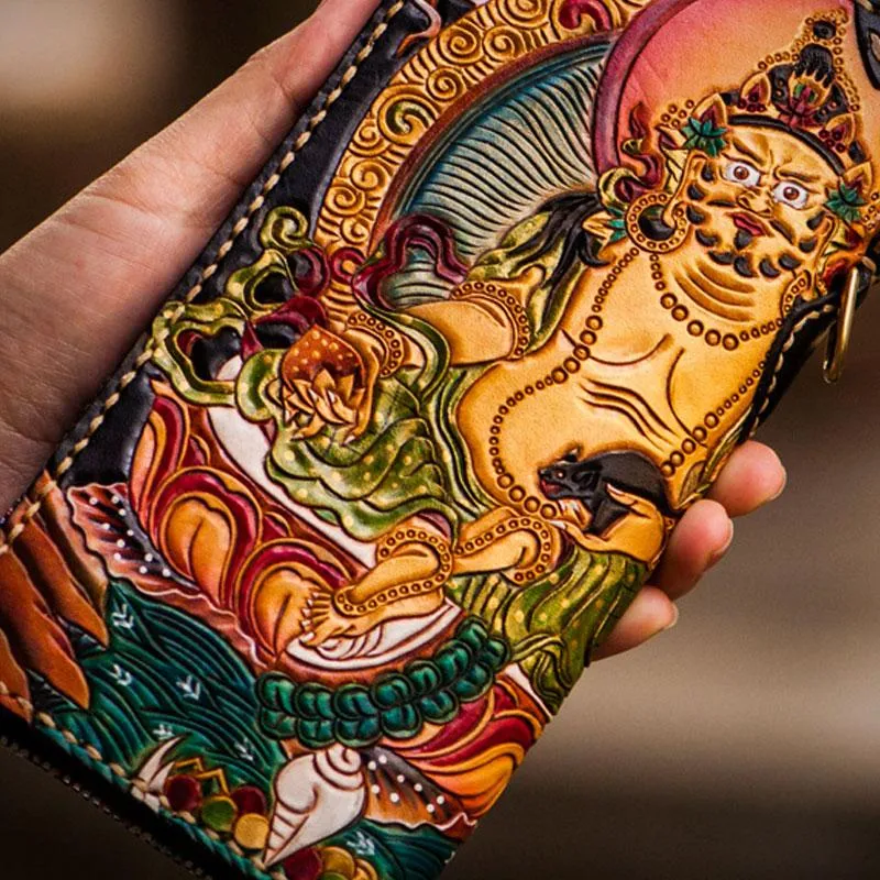 Handmade Leather Tooled Yellow Jambhala Mens Chain Biker Wallet Cool Leather Wallet Zipper Long Wallet for Men