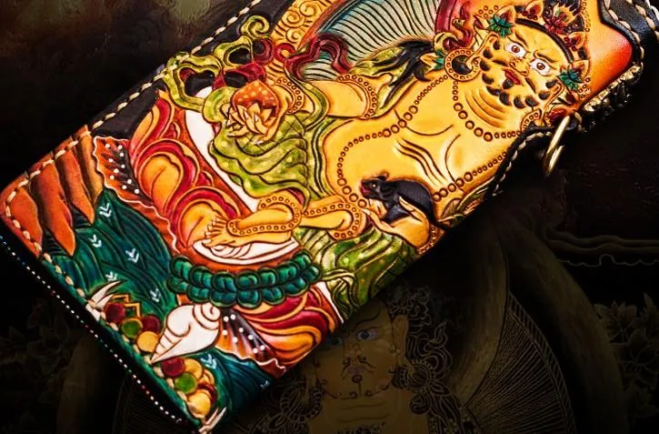 Handmade Leather Tooled Yellow Jambhala Mens Chain Biker Wallet Cool Leather Wallet Zipper Long Wallet for Men