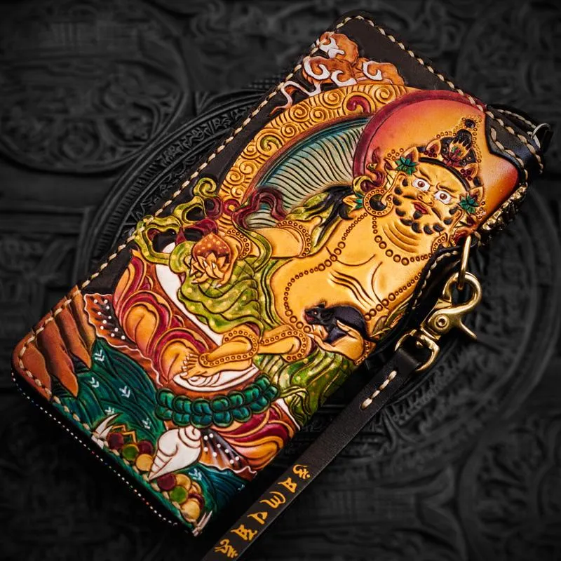 Handmade Leather Tooled Yellow Jambhala Mens Chain Biker Wallet Cool Leather Wallet Zipper Long Wallet for Men