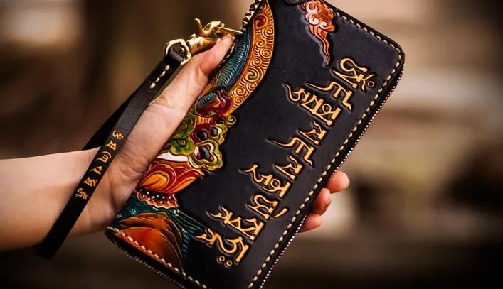 Handmade Leather Tooled Yellow Jambhala Mens Chain Biker Wallet Cool Leather Wallet Zipper Long Wallet for Men
