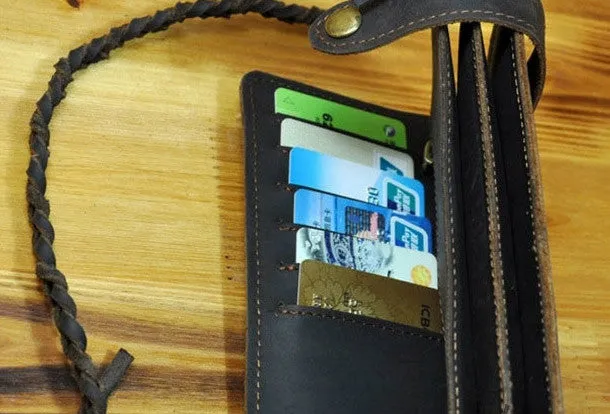 Handmade leather Vintage brown bifold biker chain wallet men long wallet purse