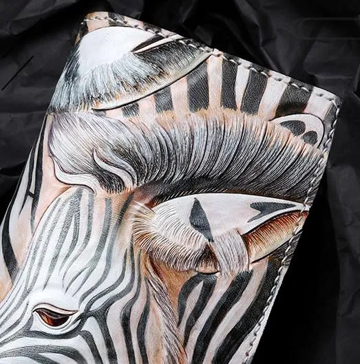 Handmade Leather Zebra Tooled Mens Chain Biker Wallet Cool Leather Wallet With Chain Wallets for Men