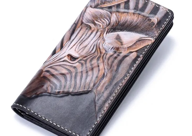 Handmade Leather Zebra Tooled Mens Chain Biker Wallet Cool Leather Wallet With Chain Wallets for Men