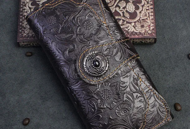 Handmade Long Leather Wallet Bifold Button Carved Floral Leather Clutch Wallet For Men Women