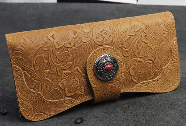 Handmade Long Leather Wallet Bifold Button Carved Floral Leather Clutch Wallet For Men Women