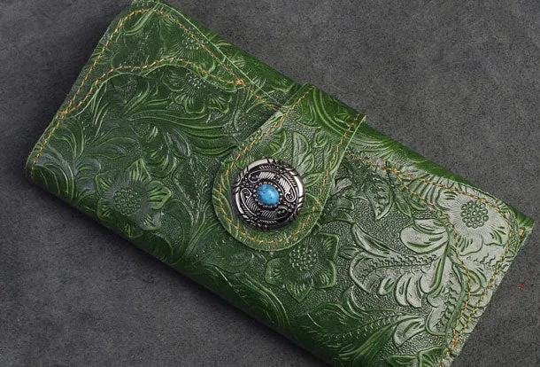 Handmade Long Leather Wallet Bifold Button Carved Floral Leather Clutch Wallet For Men Women