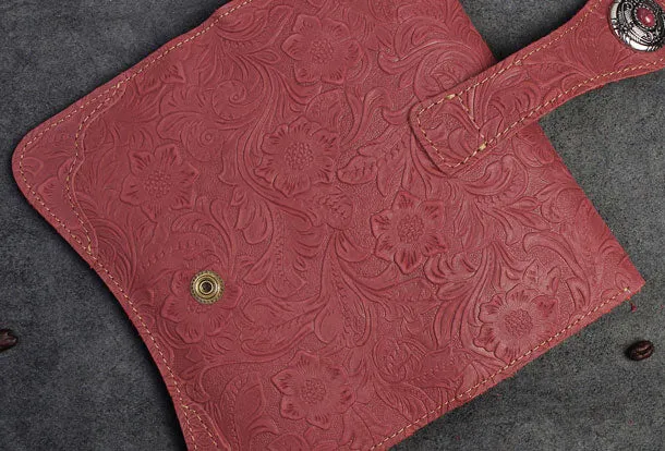 Handmade Long Leather Wallet Bifold Button Carved Floral Leather Clutch Wallet For Men Women
