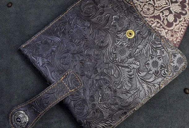 Handmade Long Leather Wallet Bifold Button Carved Floral Leather Clutch Wallet For Men Women