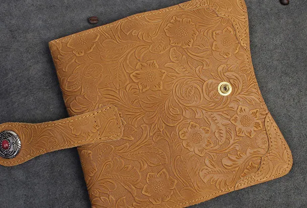 Handmade Long Leather Wallet Bifold Button Carved Floral Leather Clutch Wallet For Men Women