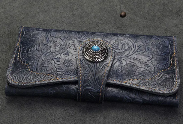 Handmade Long Leather Wallet Bifold Button Carved Floral Leather Clutch Wallet For Men Women