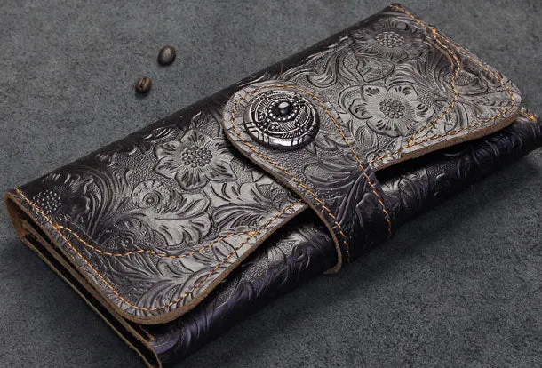 Handmade Long Leather Wallet Bifold Button Carved Floral Leather Clutch Wallet For Men Women