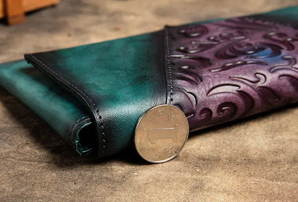 Handmade Long Leather Wallet Ethnic Vintage Wallet Zip Clucth Purse For Women