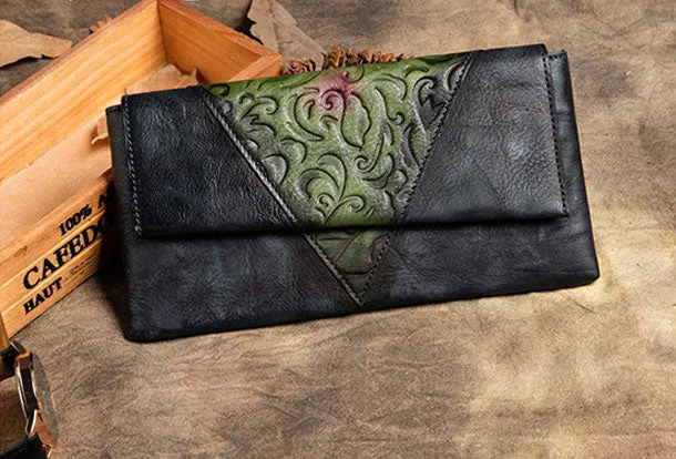 Handmade Long Leather Wallet Ethnic Vintage Wallet Zip Clucth Purse For Women