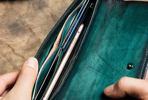 Handmade Long Leather Wallet Ethnic Vintage Wallet Zip Clucth Purse For Women