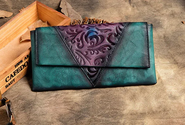 Handmade Long Leather Wallet Ethnic Vintage Wallet Zip Clucth Purse For Women