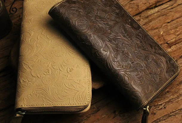 Handmade long leather wallet floral leather clutch wallets for women men zip
