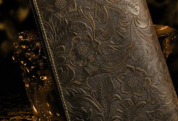 Handmade long leather wallet floral leather clutch wallets for women men zip