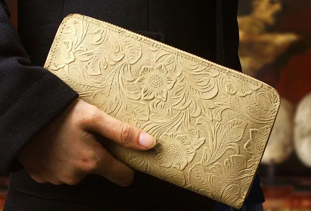 Handmade long leather wallet floral leather clutch wallets for women men zip