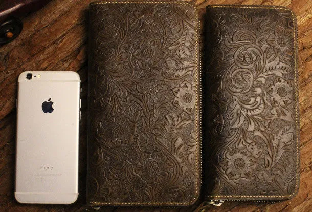 Handmade long leather wallet floral leather clutch wallets for women men zip