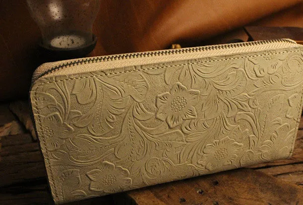 Handmade long leather wallet floral leather clutch wallets for women men zip