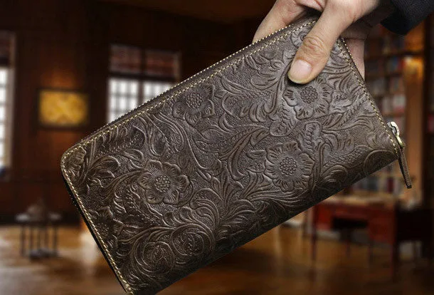 Handmade long leather wallet floral leather clutch wallets for women men zip