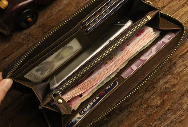 Handmade long leather wallet floral leather clutch wallets for women men zip