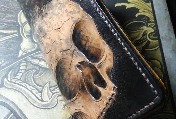 Handmade Long leather wallet men skull tooled carved long wallet for him