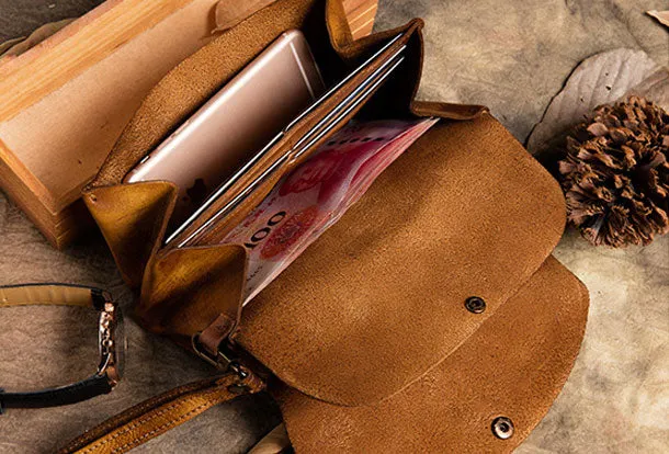 Handmade Long Leather Wallet Vintage Wallet Botton Clucth Purse For Women