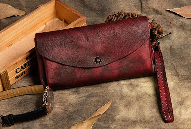 Handmade Long Leather Wallet Vintage Wallet Botton Clucth Purse For Women